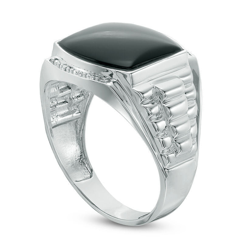Men's 13.0mm Cushion-Cut Onyx Stepped Shank Ring in Solid 10K White Gold