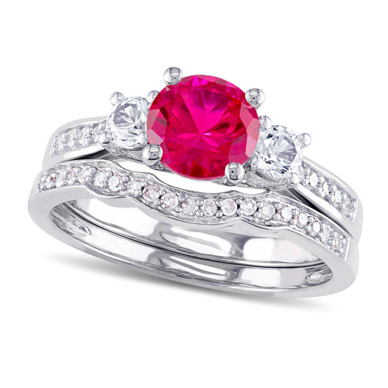6.0mm Lab-Created Ruby and White Sapphire with 0.13 CT. T.W. Diamond Three Stone Bridal Engagement Ring Set in Solid 10K White Gold