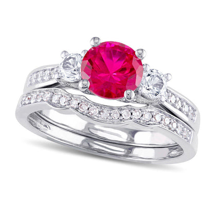 6.0mm Lab-Created Ruby and White Sapphire with 0.13 CT. T.W. Diamond Three Stone Bridal Engagement Ring Set in Solid 10K White Gold