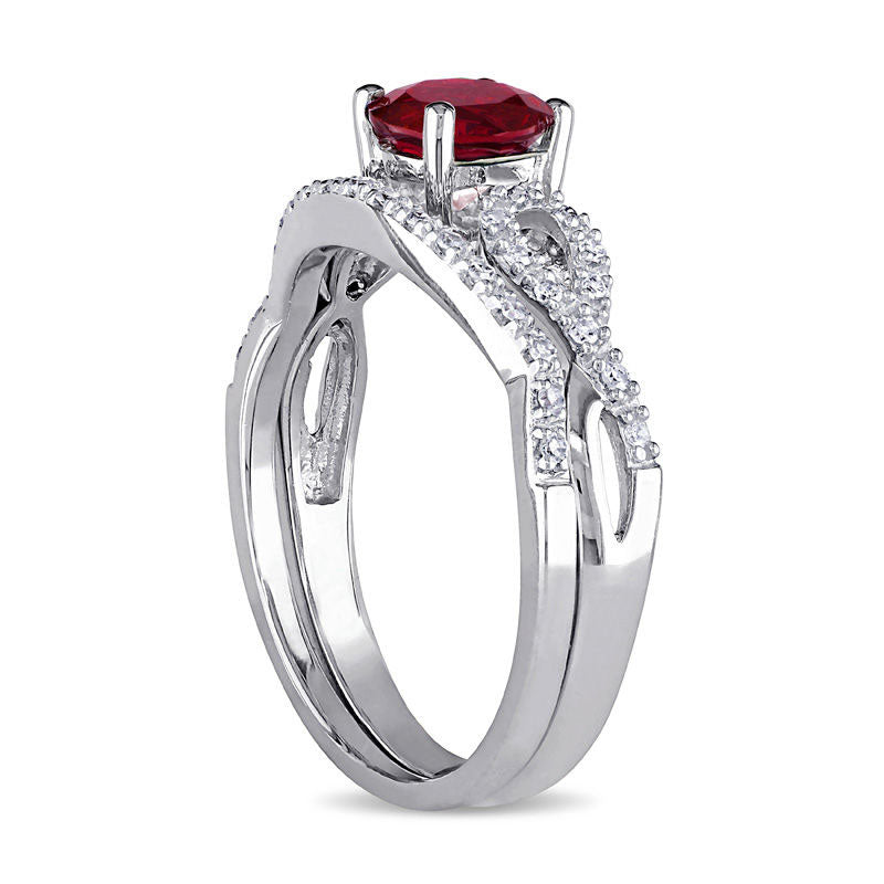 6.0mm Lab-Created Ruby and 0.13 CT. T.W. Diamond Twist Shank Bridal Engagement Ring Set in Solid 10K White Gold
