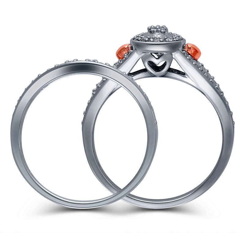 0.10 CT. T.W. Composite Natural Diamond Pear Frame with Side Hearts Bridal Engagement Ring Set in Sterling Silver and Solid 14K Rose Gold