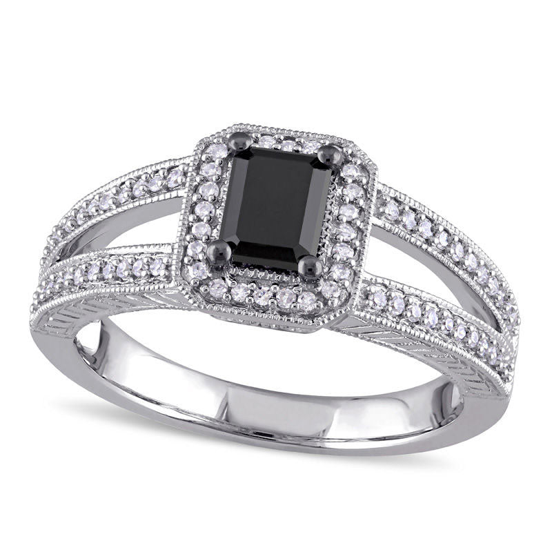 0.88 CT. T.W. Emerald-Cut Enhanced Black and White Natural Diamond Antique Vintage-Style Engagement Ring in Solid 10K White Gold