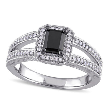 0.88 CT. T.W. Emerald-Cut Enhanced Black and White Natural Diamond Antique Vintage-Style Engagement Ring in Solid 10K White Gold