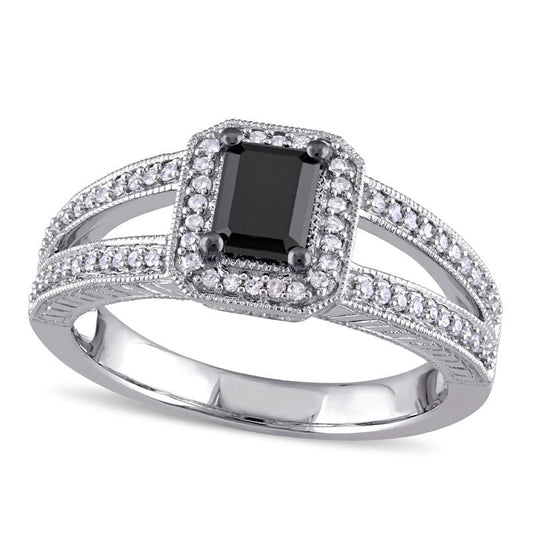0.88 CT. T.W. Emerald-Cut Enhanced Black and White Natural Diamond Antique Vintage-Style Engagement Ring in Solid 10K White Gold