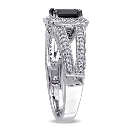 0.88 CT. T.W. Emerald-Cut Enhanced Black and White Natural Diamond Antique Vintage-Style Engagement Ring in Solid 10K White Gold