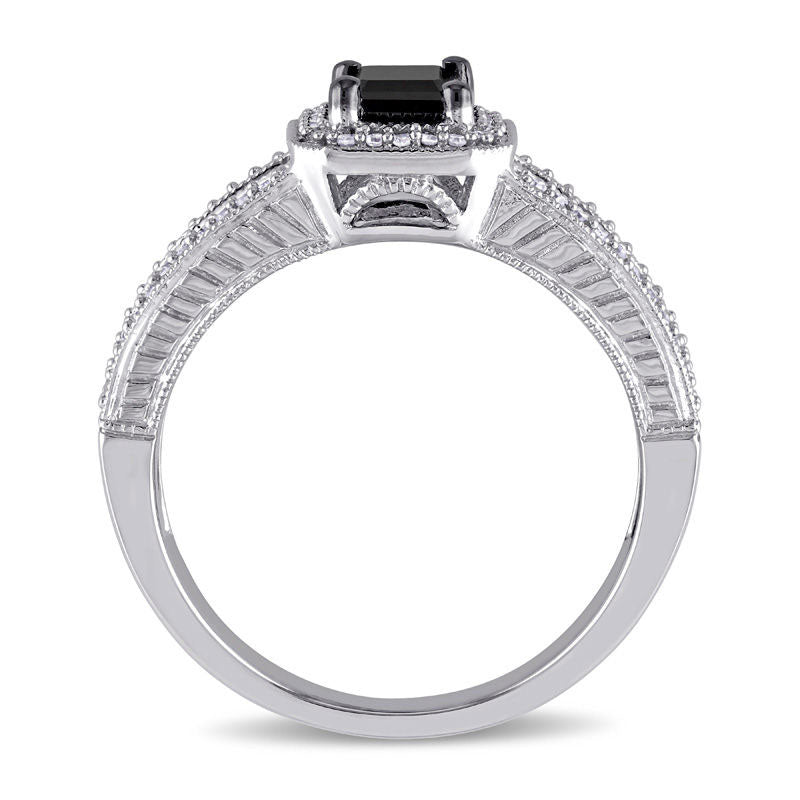 0.88 CT. T.W. Emerald-Cut Enhanced Black and White Natural Diamond Antique Vintage-Style Engagement Ring in Solid 10K White Gold