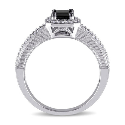 0.88 CT. T.W. Emerald-Cut Enhanced Black and White Natural Diamond Antique Vintage-Style Engagement Ring in Solid 10K White Gold