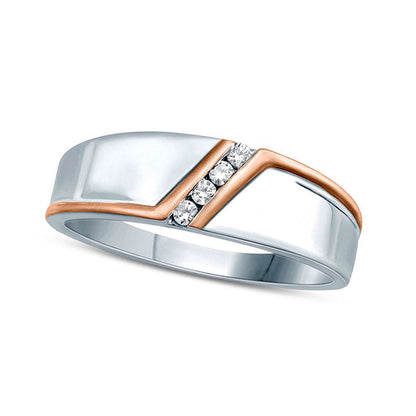 Mens 0.10 CT. T.W. Natural Diamond Four Stone Slant Bypass Stripe Wedding Band in Solid 10K Two-Tone Gold