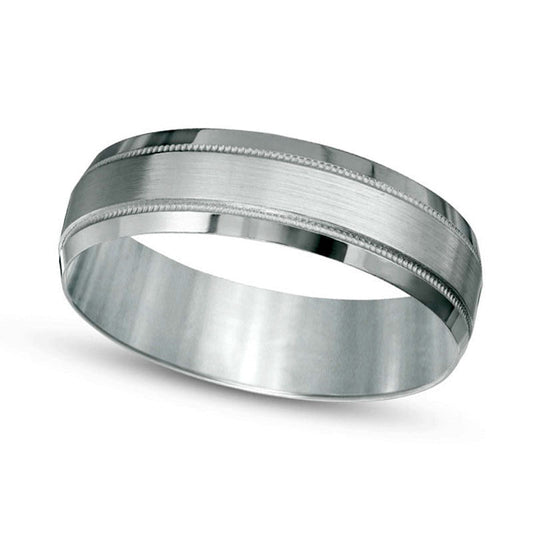 Mens 6.0mm Brushed Center Milgrain Comfort Fit Wedding Band in Solid 10K White Gold