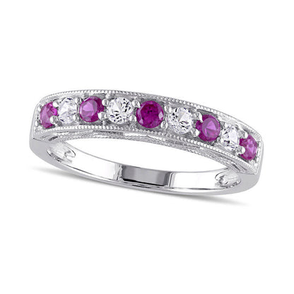 Lab-Created Ruby and White Sapphire Antique Vintage-Style Stackable Band in Sterling Silver