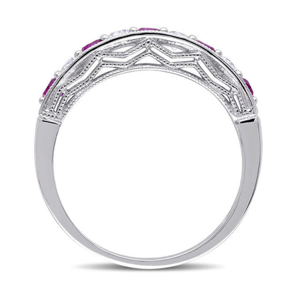 Lab-Created Ruby and White Sapphire Antique Vintage-Style Stackable Band in Sterling Silver