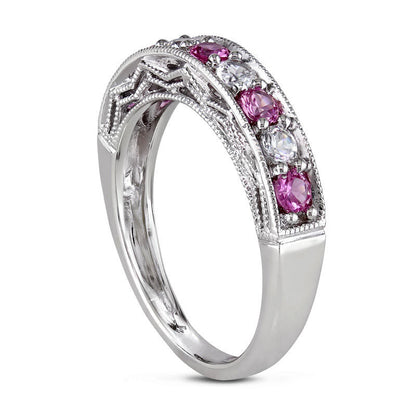 Lab-Created Pink and White Sapphire Antique Vintage-Style Stackable Band in Sterling Silver