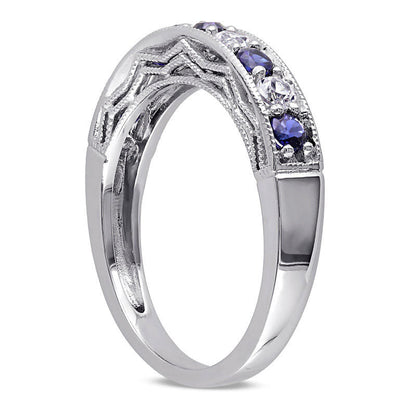 Lab-Created Blue and White Sapphire Antique Vintage-Style Stackable Band in Sterling Silver