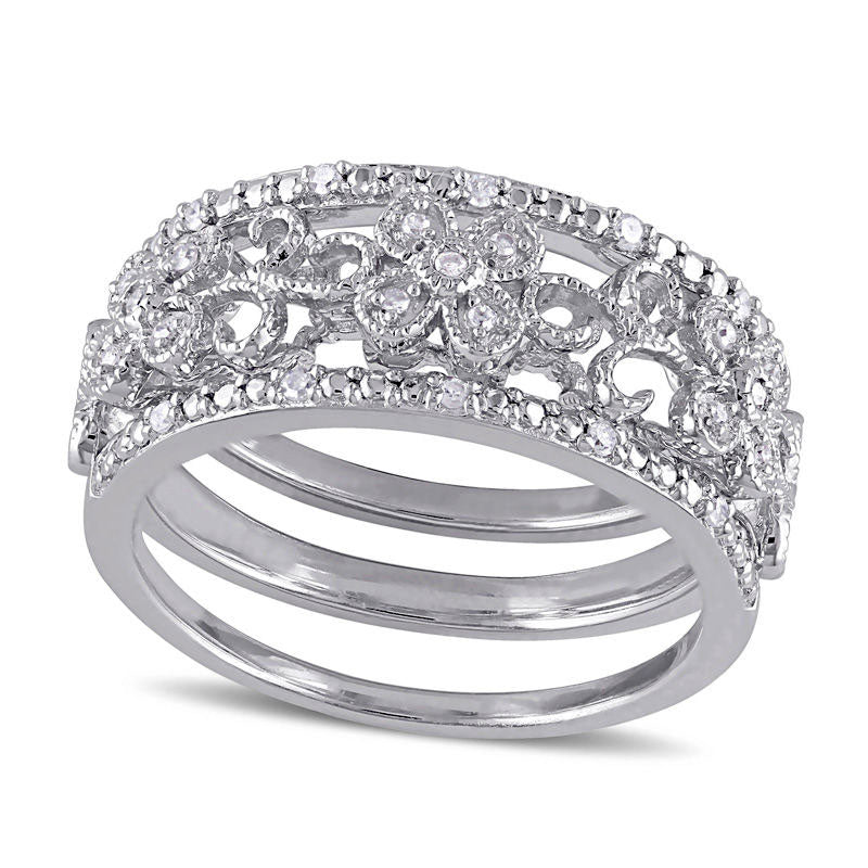 0.10 CT. T.W. Natural Diamond Flower Filigree Three Piece Stackable Band Set in Sterling Silver
