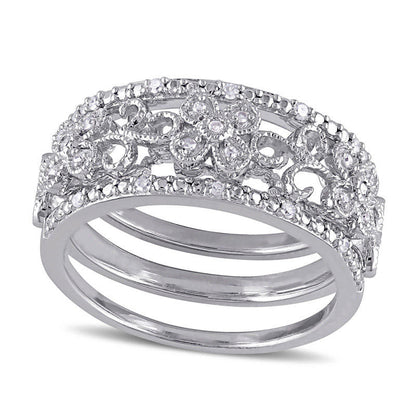 0.10 CT. T.W. Natural Diamond Flower Filigree Three Piece Stackable Band Set in Sterling Silver