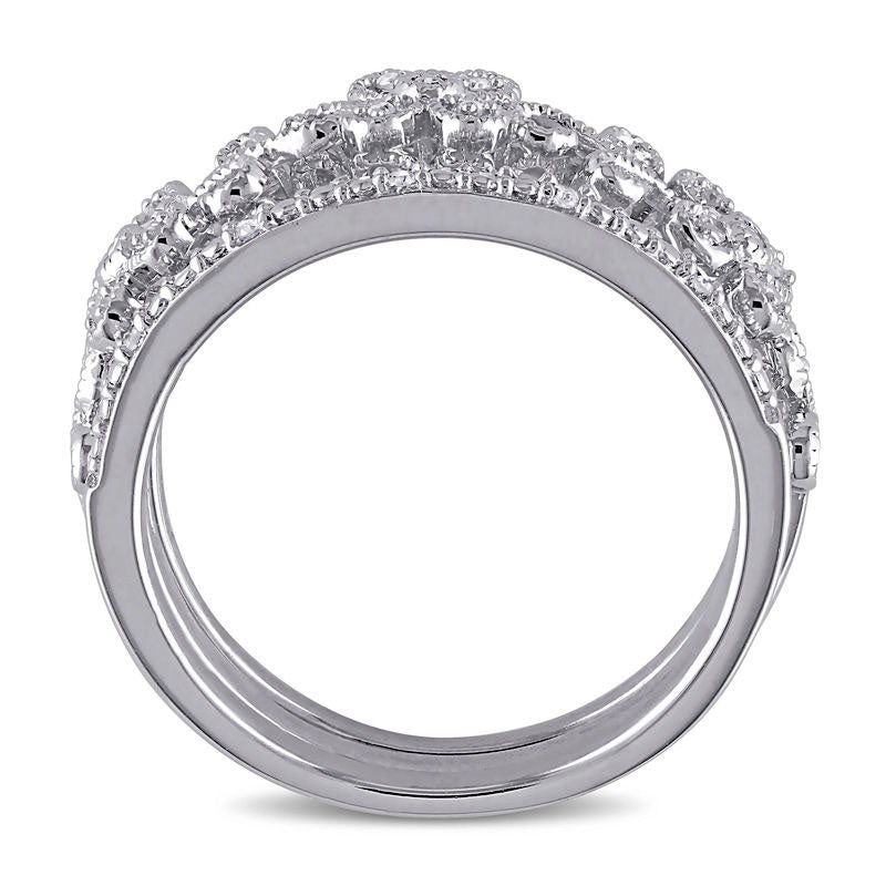 0.10 CT. T.W. Natural Diamond Flower Filigree Three Piece Stackable Band Set in Sterling Silver