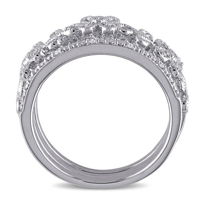 0.10 CT. T.W. Natural Diamond Flower Filigree Three Piece Stackable Band Set in Sterling Silver
