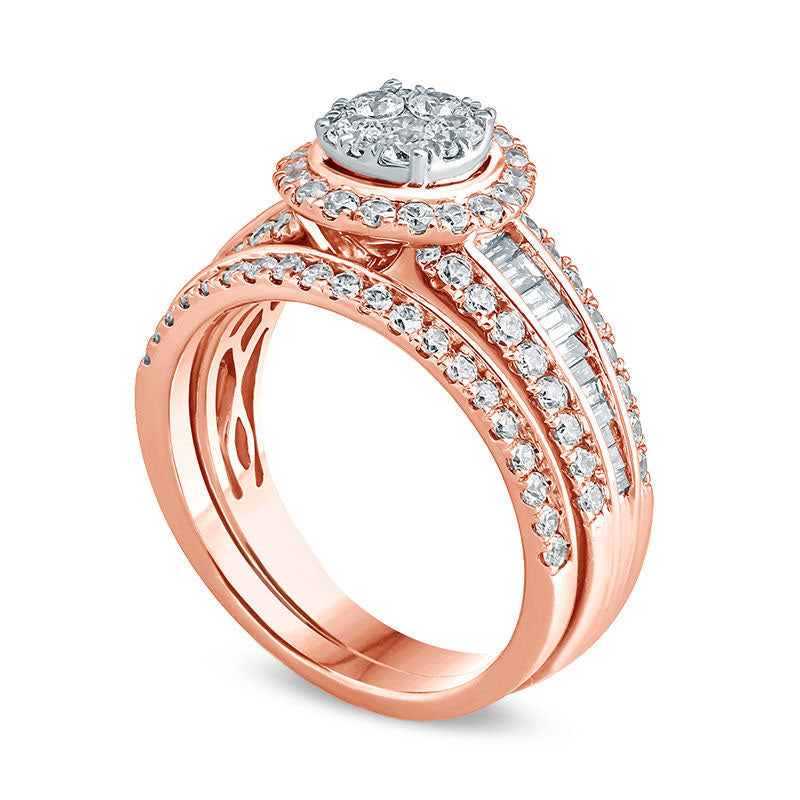 1.5 CT. T.W. Baguette and Round Composite Natural Diamond Frame Bridal Engagement Ring Set in Solid 14K Rose Gold