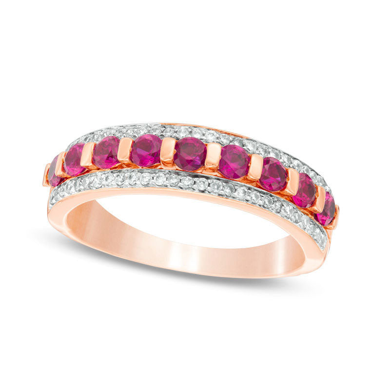Lab-Created Ruby and 0.20 CT. T.W. Diamond Edge Band in Solid 10K Rose Gold