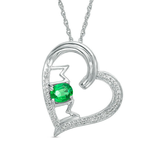 Oval Lab-Created Emerald and 0.1 CT. T.W. Diamond Tilted Heart with "MOM" Pendant in Sterling Silver
