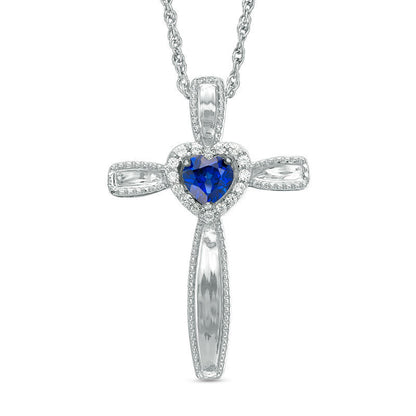 4.0mm Heart-Shaped Lab-Created Blue Sapphire and Diamond Accent Antique Vintage-Style Cross Pendant in Sterling Silver