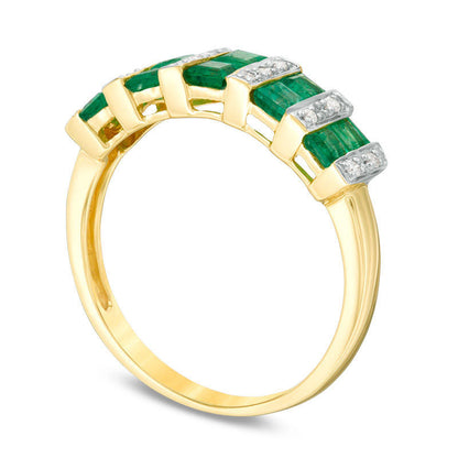 Princess-Cut Emerald and Natural Diamond Accent Bar Alternating Double Row Band in Solid 14K Gold