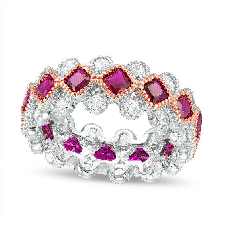 Princess-Cut Lab-Created Ruby and White Sapphire Geometric Eternity Band in Sterling Silver and Solid 14K Rose Gold Plate