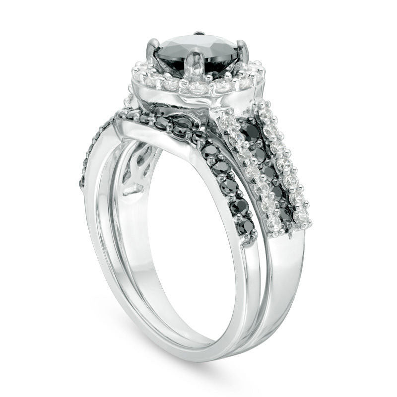 2.0 CT. T.W. Enhanced Black and White Natural Diamond Frame Multi-Row Bridal Engagement Ring Set in Solid 14K White Gold