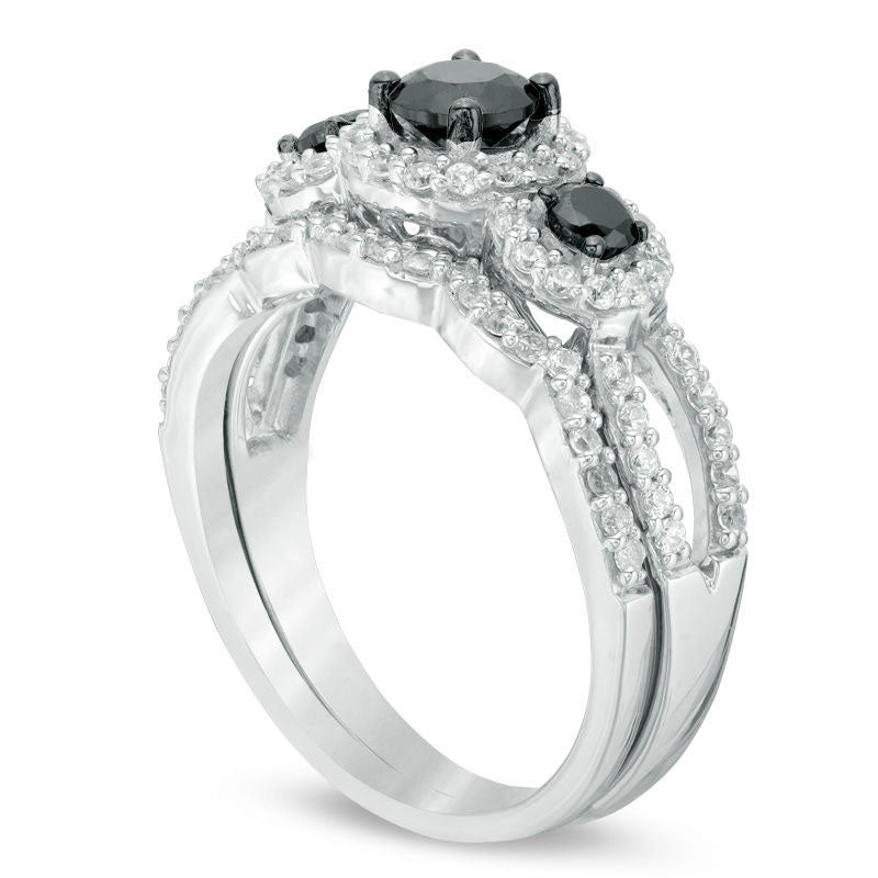 1.0 CT. T.W. Enhanced Black and White Natural Diamond Three Stone Frame Bridal Engagement Ring Set in Solid 10K White Gold