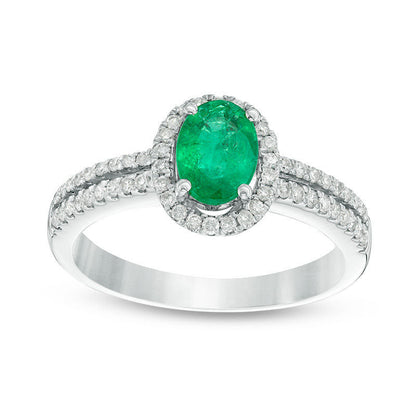 Oval Emerald and 0.25 CT. T.W. Natural Diamond Frame Double Row Split Shank Engagement Ring in Solid 18K White Gold - Size 7