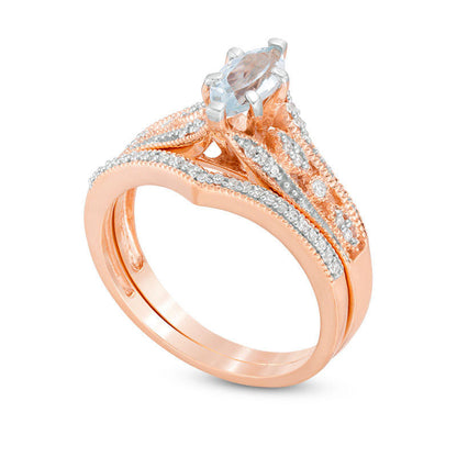 Marquise Aquamarine and 0.20 CT. T.W. Natural Diamond Bridal Engagement Ring Set in Solid 10K Rose Gold