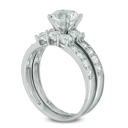 Lab-Created White Sapphire Three Stone Bridal Engagement Ring Set in Solid 10K White Gold