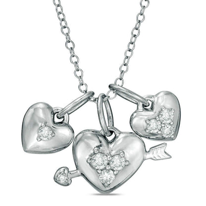 0.33 CT. T.W. Natural Diamond Three Heart Charms Pendant in Sterling Silver
