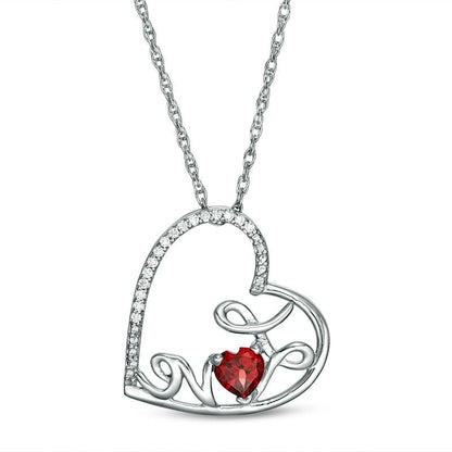 4.0mm Heart-Shaped Garnet and Natural Diamond Accent Tilted "LOVE" Pendant in Sterling Silver