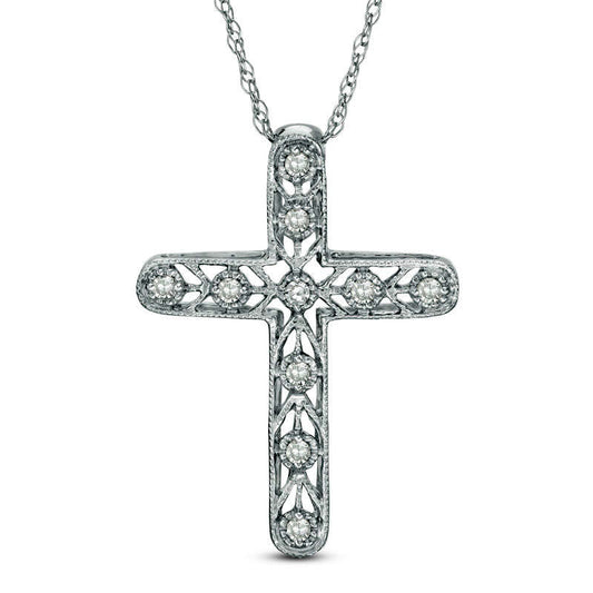 Natural Diamond Accent Antique Vintage-Style Chevron Cross Pendant in 10K White Gold