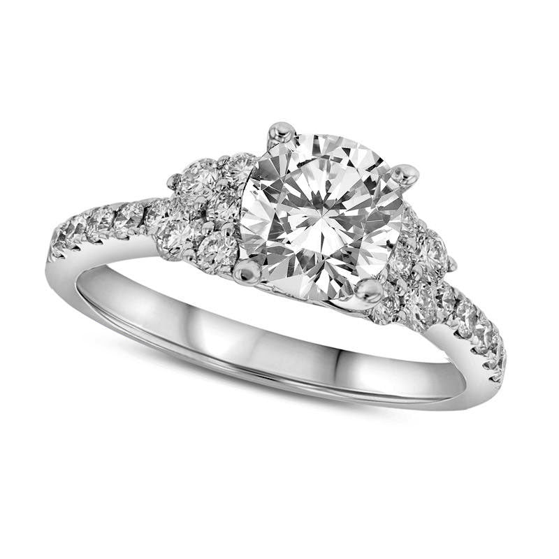 1.5 CT. T.W. Natural Diamond Side Clusters Engagement Ring in Solid 18K White Gold (I/SI2)
