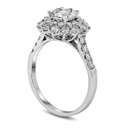 1.5 CT. T.W. Natural Diamond Double Sunburst Frame Engagement Ring in Solid 18K White Gold (I/SI2)