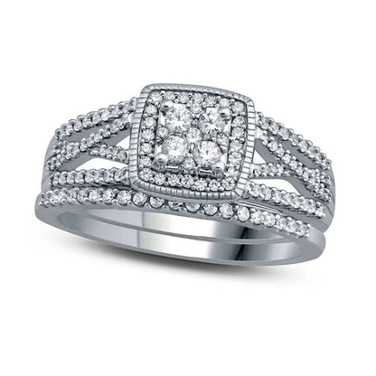0.50 CT. T.W. Composite Natural Diamond Cushion Frame "X" Open Shank Bridal Engagement Ring Set in Solid 10K White Gold