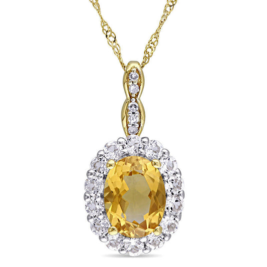 Oval Citrine, White Topaz and Natural Diamond Accent Frame Pendant in 14K Gold û 17"