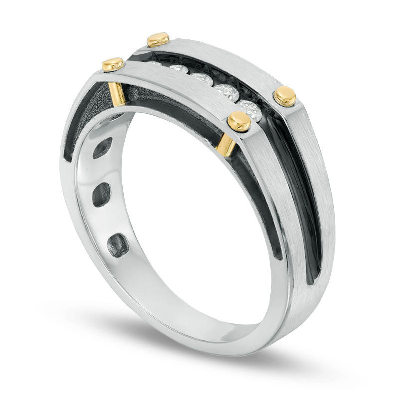 Men's 0.25 CT. T.W. Natural Diamond Five Stone Brushed Wedding Band in Solid 10K Two-Tone Gold