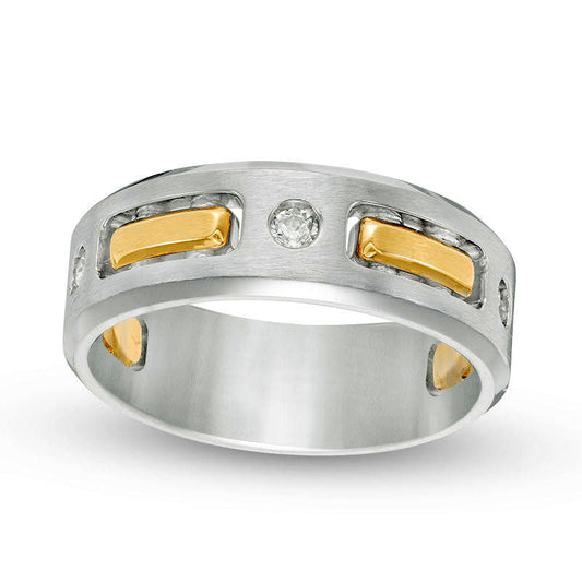 Men's 0.17 CT. T.W. Natural Diamond Three Stone Striped Wedding Band in Solid 10K Two-Tone Gold