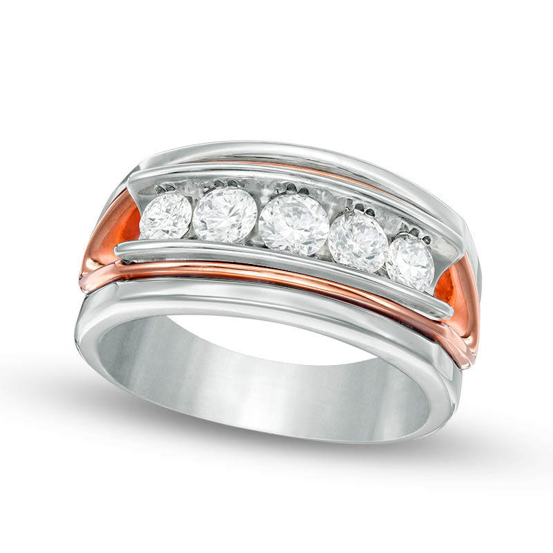 Men's 1.0 CT. T.W. Natural Diamond Five Stone Wedding Band in Solid 14K Two-Tone Gold