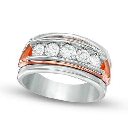 Men's 1.0 CT. T.W. Natural Diamond Five Stone Wedding Band in Solid 14K Two-Tone Gold