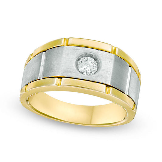 Men's 0.25 CT. Natural Clarity Enhanced Diamond Solitaire Brushed Wedding Band in Solid 14K Two-Tone Gold