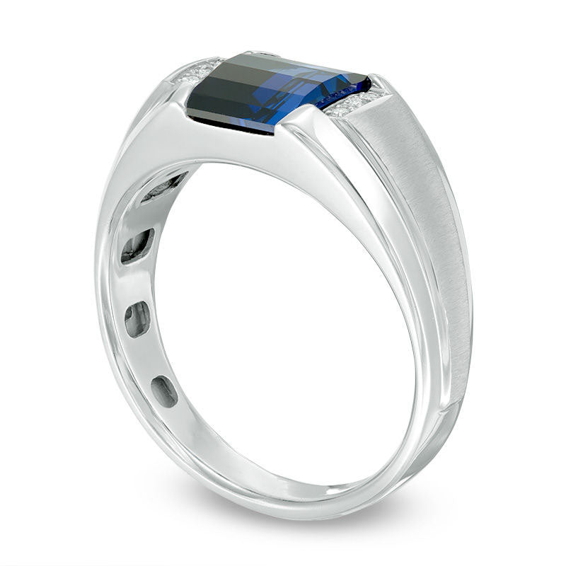 Men's Barrel-Cut Lab-Created Blue Sapphire and Diamond Accent Ring in Solid 10K White Gold