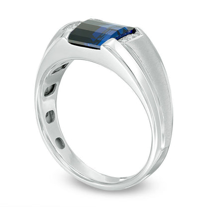 Men's Barrel-Cut Lab-Created Blue Sapphire and Diamond Accent Ring in Solid 10K White Gold