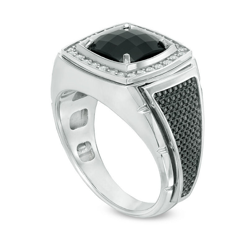 Men's 9.0mm Cushion-Cut Onyx and 0.25 CT. T.W. Natural Diamond Frame Ring in Solid 10K White Gold and Black Rhodium