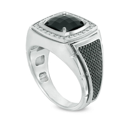 Men's 9.0mm Cushion-Cut Onyx and 0.25 CT. T.W. Natural Diamond Frame Ring in Solid 10K White Gold and Black Rhodium