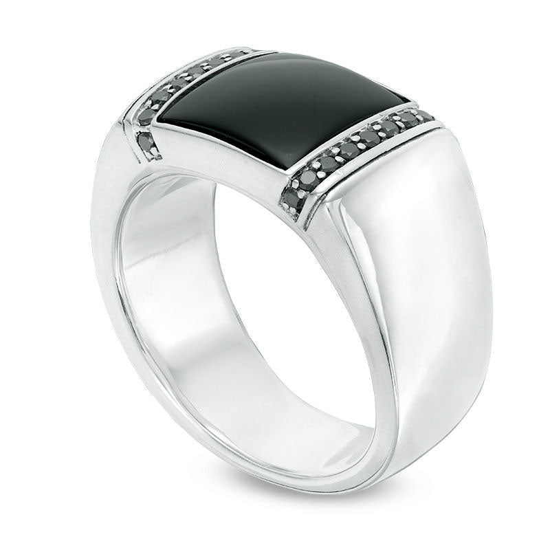 Men's 11.0mm Cushion-Cut Onyx and 0.33 CT. T.W. Enhanced Black Natural Diamond Ring in Sterling Silver