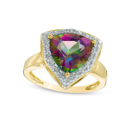 10.0mm Trillion-Cut Mystic Fire« Topaz and Natural Diamond Accent Frame Ring in Solid 10K Yellow Gold